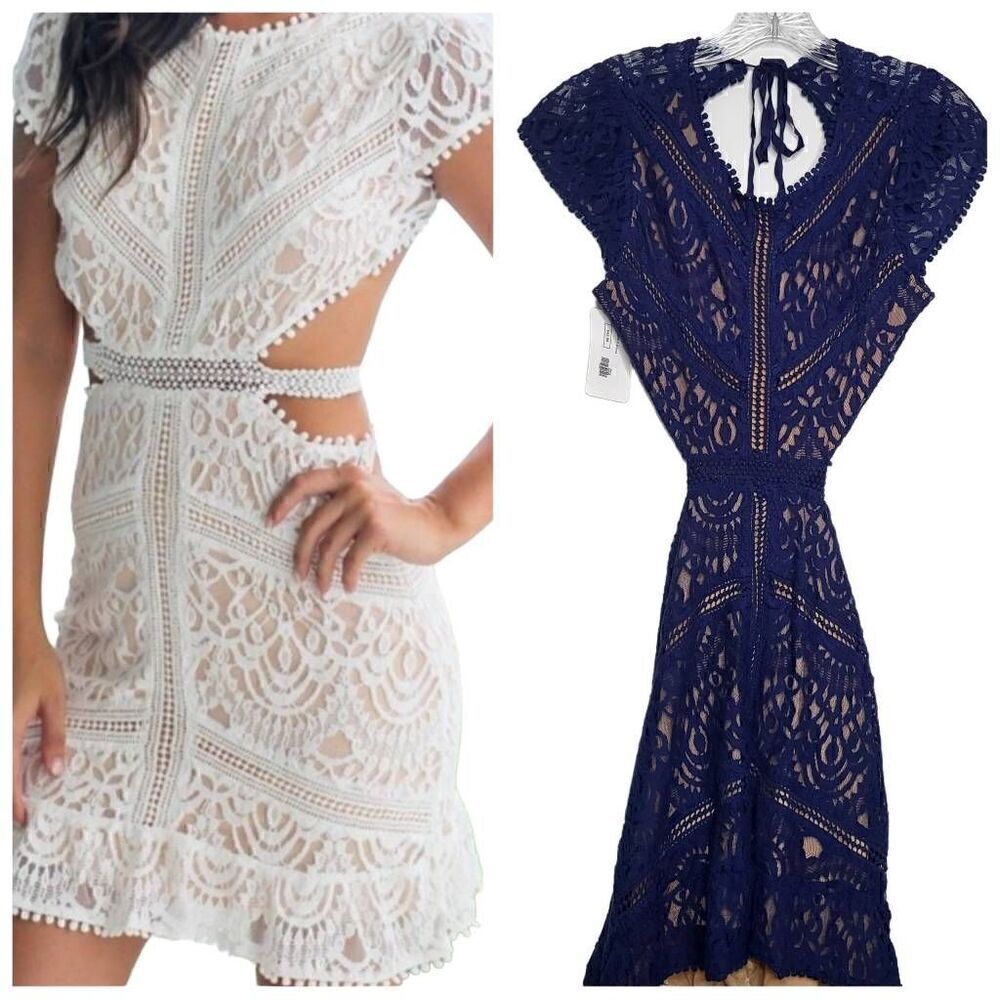 Signature 8 Blue Lace Crochet Cut Out Mini Dress Size Large